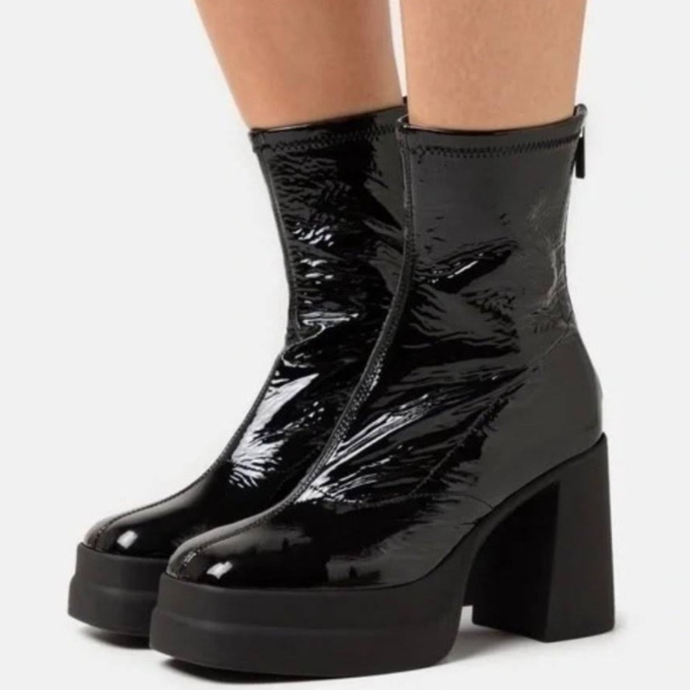 Free People Platform Double Stack Patent Black Booties NEW 38.5